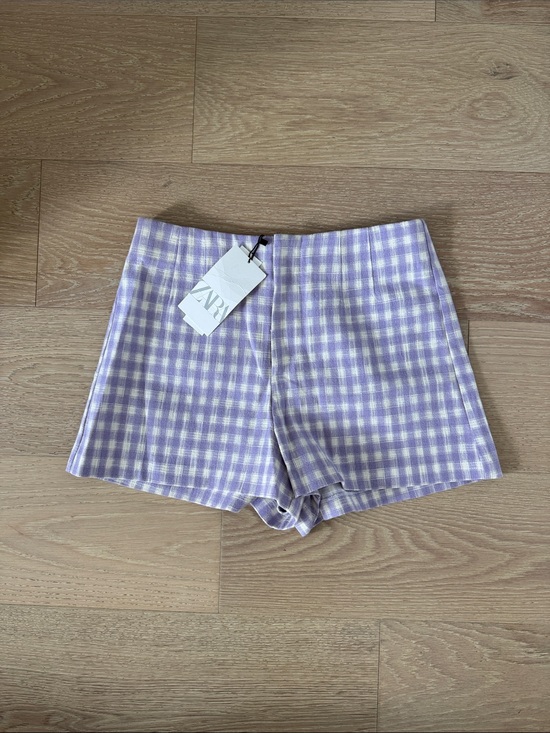 Zara Pants - ZARA Purple & White Gingham Check High Rise Shorts Stretch M